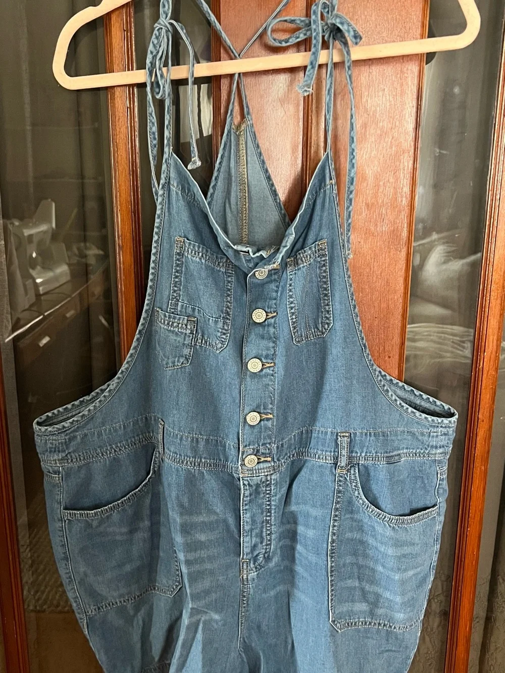 Denim Button-Front Short Overalls Tie Straps